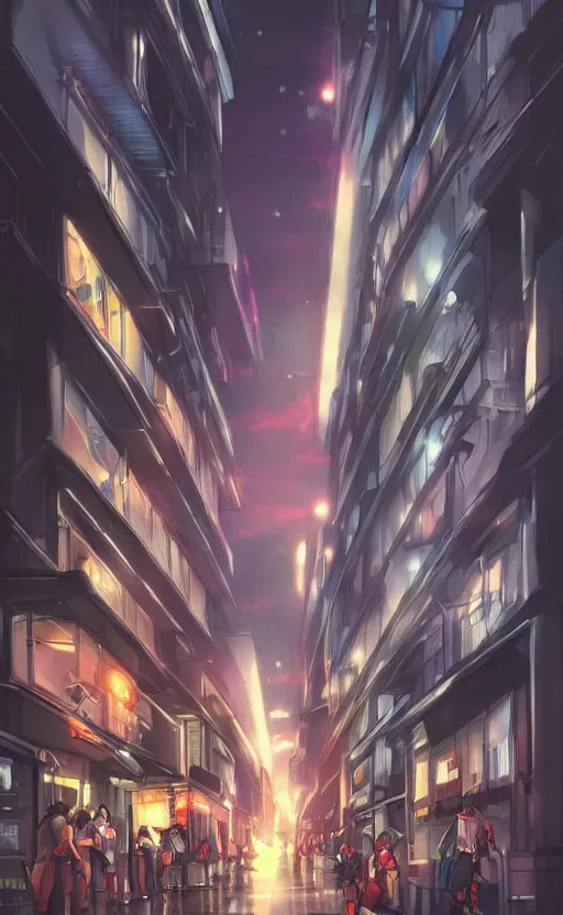 Prompt: large tokyo street, a person looks at the flashes of lightning bolts in sky, dark sky by artgerm, illustration, trending on artstation, deviantart,