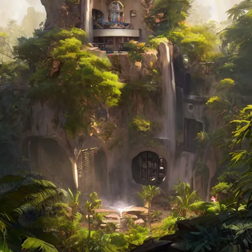 Prompt: roughly cylindrical overwatch headquarters carved inside a mountain surrounding a lush well kept garden, central waterfall, magical, natural light, fantasy, sharp focus, concept art, by greg rutkowski and craig mullins, cozy atmospheric