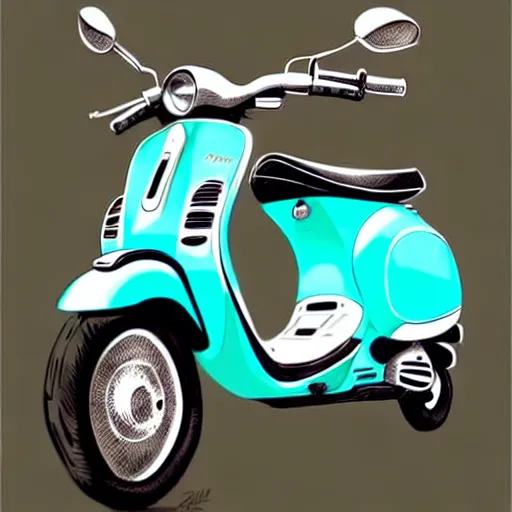 Image similar to a turquoise vespa moped, realistic, concept art, intricate details, detailed, photorealistic, pencil and watercolor, art by artgerm and greg rutkowski