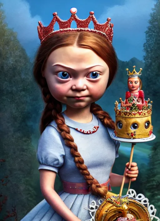 Image similar to highly detailed closeup, face profile portrait of greta thunberg as a tin toy fairytale princess wearing a crown eating cakes, bikini, unreal engine, nicoletta ceccoli, mark ryden, earl norem, lostfish, global illumination, detailed and intricate environment