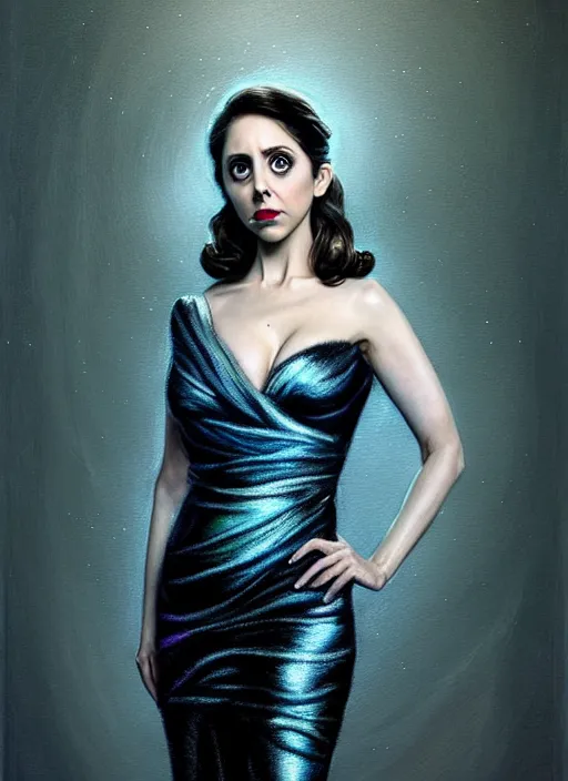 Prompt: evil Alison Brie in her best gala clothes staring in amusement at you. soft detailed painting at 16K resolution and amazingly epic visuals. epically beautiful image. amazing effect, image looks gorgeously crisp as far as it's visual fidelity goes, absolutely outstanding. vivid clarity. ultra detail. iridescent. mind-breaking. mega-beautiful pencil shadowing. beautiful face. Ultra High Definition. soft shading. soft texture. intensely beautiful.