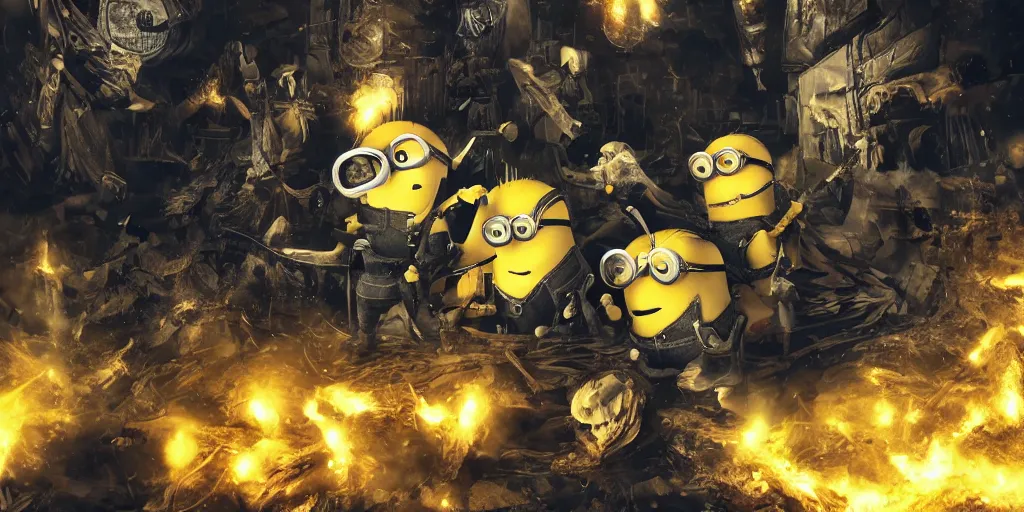 Prompt: Minions with axes and words against golden sparks, black smoke, yellow lights, Anime, cyberpunk, gothic, dark fantasy, art, 4k,