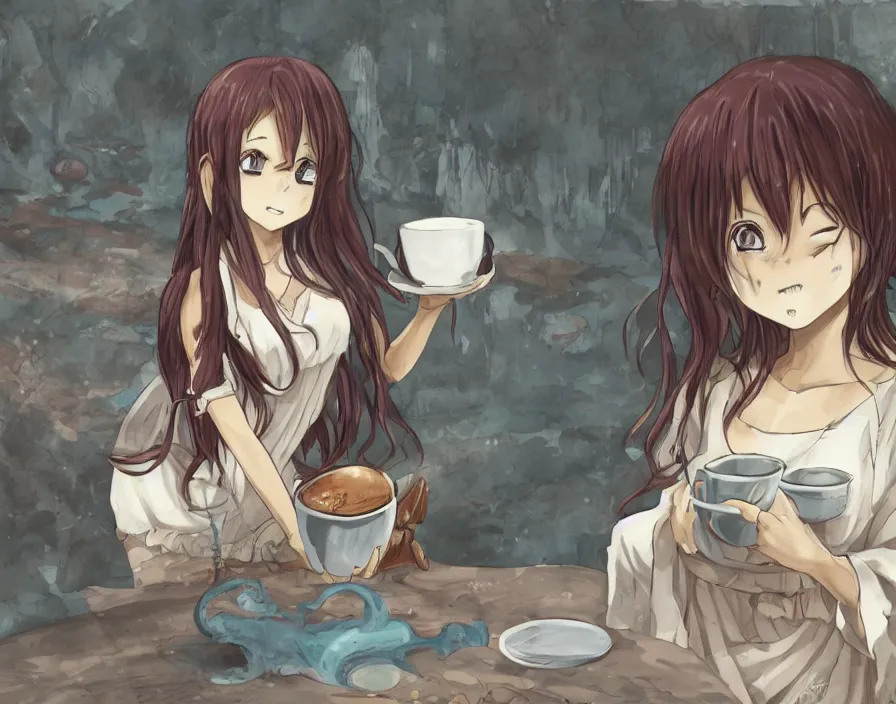 Prompt: cute anime dagon girl, offering coffee, illustration, 8 k, by eiichiro oda
