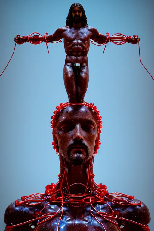Image similar to a statue jesus on cross made of red marble with wires, tubes, veins, perfect symmetrical body, full body shot, inflateble shapes, white biomechanicaldetails, wearing epic bionic cyborg implants, masterpiece, intricate, biopunk, vogue, highly detailed, artstation, concept art, cyberpunk, octane render