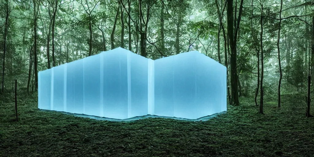 Prompt: a 1 0 square frosted translucent glowing glass cube in a dense foggy rain forest