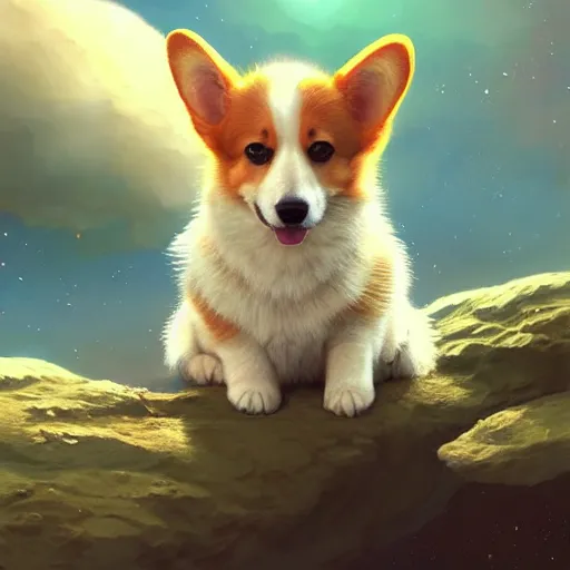 Prompt: corgi puppy in outer space, super cute, adorable, sweet, happy, angelic glow, extremely realistic, very lifelike, highly detailed, beautiful digital illustration by artgerm, moebius, greg rutkowski, ruan jia, simon stalenhag, makoto shinkai, rossdraws, trending on artstation, pixiv, 8 k