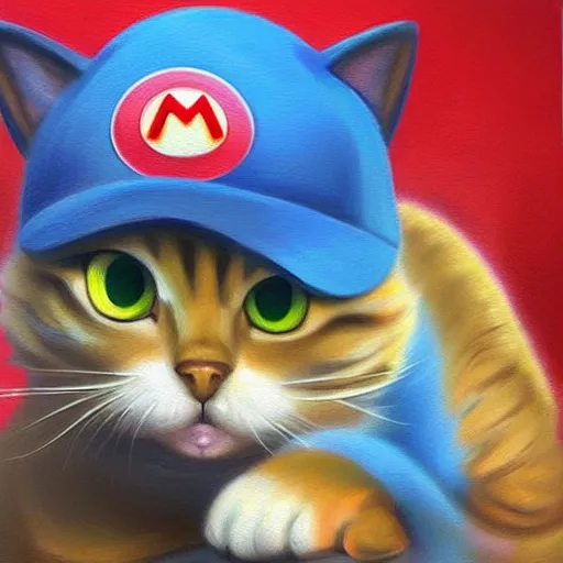 Image similar to A beautiful oil painting of a Kawaii Cat wearing a Super Mario Hat, nintendo, intricate, volumetric lighting, photorealistic, colorful, highly detailed.