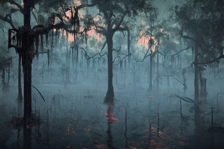 Image similar to scene from louisiana swamps,, neon cross, voodoo, 8 k, hyper detailed, artwork by tim eitel