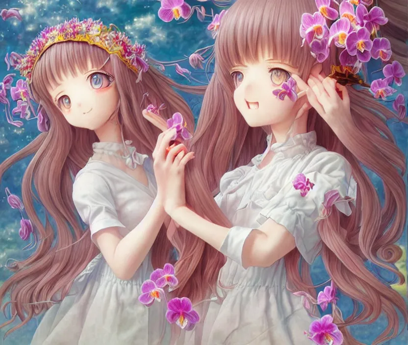 Image similar to a very cute richly detailed colored pencil 3D illustration of a mentally happy christian girl who resigned to her fate of being turned crazy by a psychic orchid flower demon. alluringly romanticistic art by Range Murata and Artgerm.