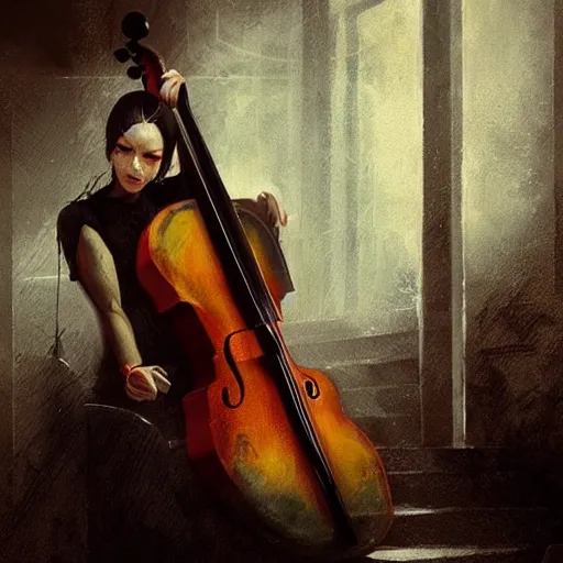 Prompt: eerie composition with electro guitar in cello shape by greg rutkowski