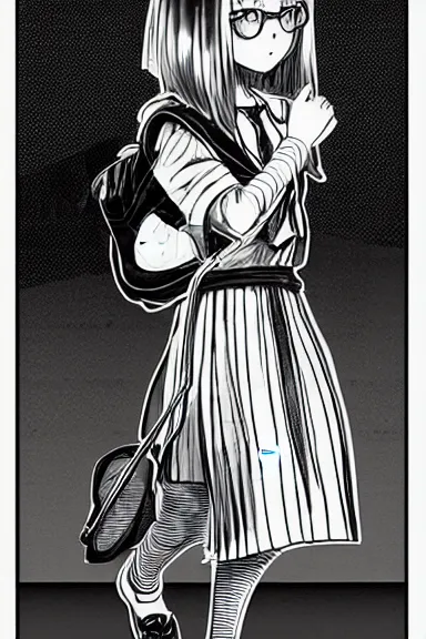 Prompt: girl with glasses is walking to school, black and white artwork in manga style, made by kentaro miura