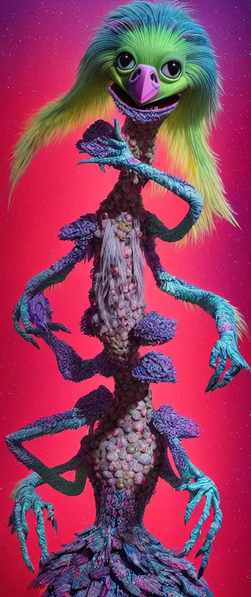 Image similar to hyper detailed 3d render like a Oil painting - kawaii portrait of two Aurora (a beautiful skeksis muppet fae princess protective playful personality from dark crystal that looks like Anya Taylor-Joy) seen red carpet photoshoot in UVIVF posing in scaly dress to Eat of the Strangling network of yellowcake aerochrome and milky Fruit and His delicate Hands hold of gossamer polyp blossoms bring iridescent fungal flowers whose spores black the foolish stars by Jacek Yerka, Ilya Kuvshinov, Mariusz Lewandowski, Houdini algorithmic generative render, Abstract brush strokes, Masterpiece, Edward Hopper and James Gilleard, Zdzislaw Beksinski, Mark Ryden, Wolfgang Lettl, hints of Yayoi Kasuma and Dr. Seuss, octane render, 8k