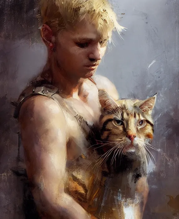 Image similar to blonde greek warrior holding a cat by jeremy mann