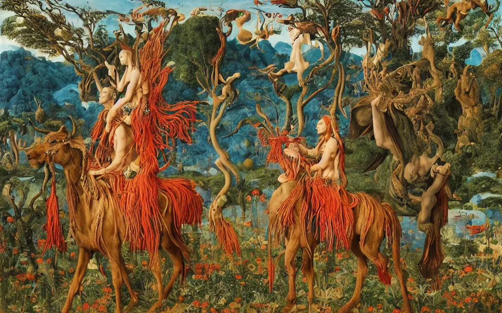 Image similar to a portrait photograph of a meditating shaman and a centaur monk riding a harpy and hunting at a river delta. surrounded by bulbous flowers and trees. mountain range under a blue sky of fiery stars. by jan van eyck, max ernst, ernst haeckel, ernst fuchs and artgerm, cgsociety, fashion editorial, 8 k