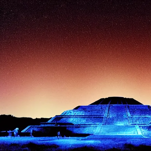 Image similar to Alien ship landing on teotihuacan pyramids at night flashes of light epic cosmic background starry night realistic photograph