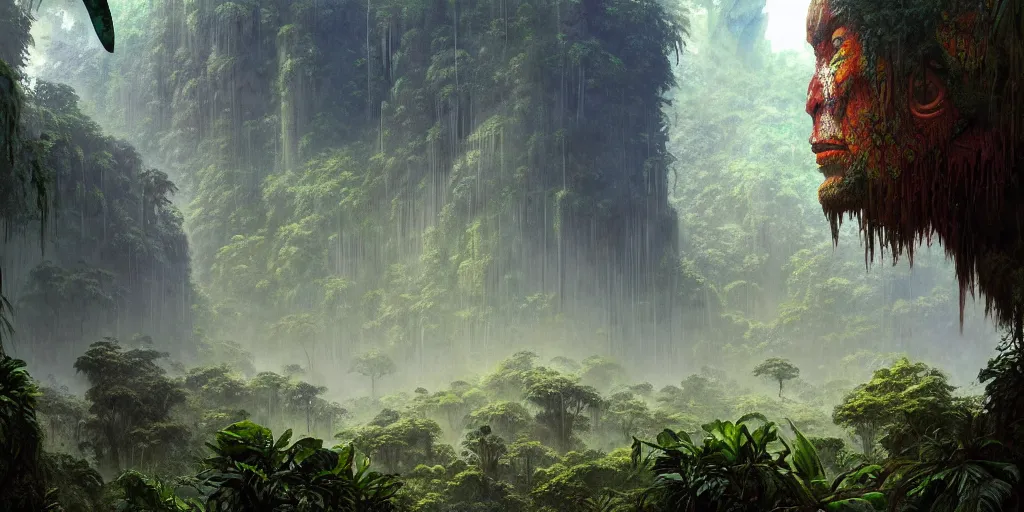 Image similar to a expressive landscape of mayan ancient jungle, artstation, award - winning realistic sci - fi concept art by jim burns and greg rutkowski, beksinski, a realism masterpiece, expressive color palette, james gilleard, bruegel, alphonse mucha, and yoshitaka amano