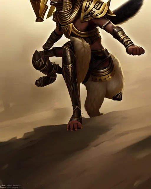 Image similar to nasus the armored egyptian anubis white and brown border collie warrior from videogame league of legends the armored egyptian collie warrior with the face of a white and brown border collie, full body armor, in action attack pose, highly detailed, artstation, cinematic character, by greg rutkowski and charlie bowater