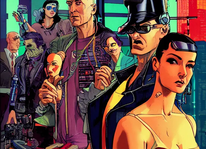 Image similar to cyberpunk heist crew. portrait by stonehouse and mœbius and will eisner and gil elvgren and pixar. character design. realistic proportions. dystopian. cyberpunk 2 0 7 7, apex, blade runner 2 0 4 9 concept art. cel shading. attractive face. thick lines.