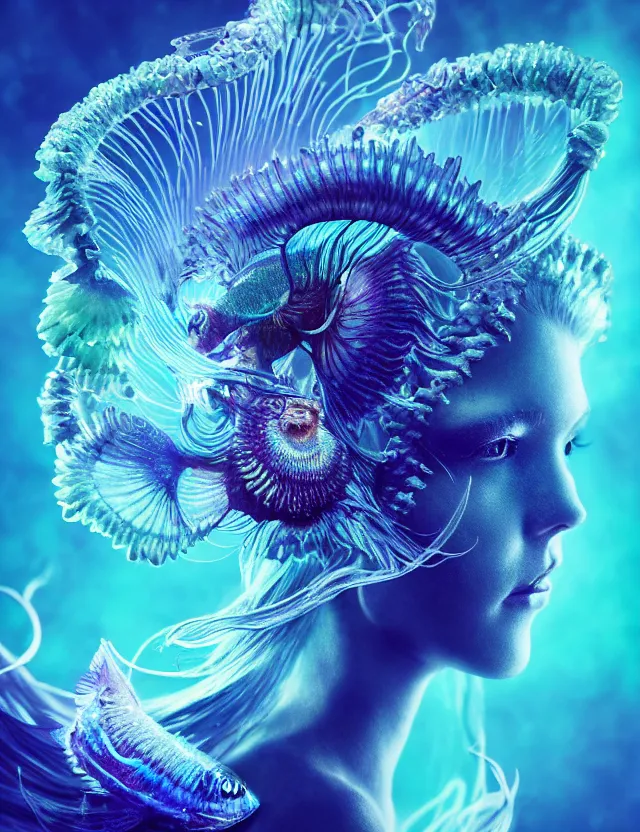 Image similar to goddess macro close - up portrait wigh crown made of ram skull. betta fish, jellyfish phoenix, bioluminiscent, plasma, ice, water, wind, creature, super intricate ornaments artwork by tooth wu and wlop and beeple and greg rutkowski
