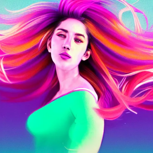 Image similar to a award winning half body portrait of a beautiful woman in a croptop with a ombre purple pink teal hairstyle with head in motion and hair flying, outrun, vaporware, vivid colors, highly detailed, fine detail, intricate