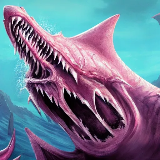 Image similar to d & d fantasy art, a huge human mouth with large flat teeth, large dorsal fins swimming through a dark ocean, pink skin, sinew, concept art, character art, horror