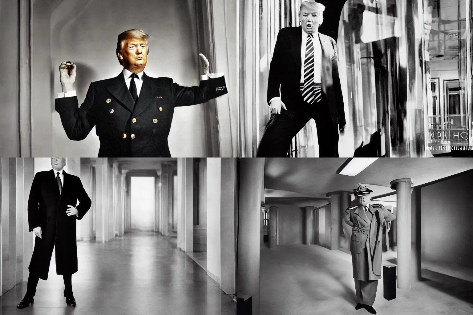 Prompt: fashion photograph of Donald Trump wearing Reichsstaffelführer outfit, inside of building designed by Marcello Piacentini, high-contrast lighting, off-camera flash, canon 24mm, Ektachrome photograph