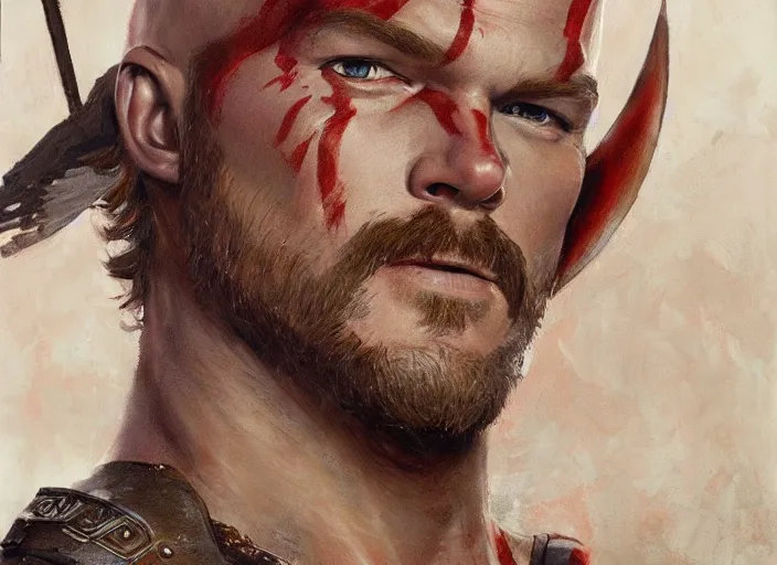 Image similar to a highly detailed beautiful portrait of chris pratt as kratos, by gregory manchess, james gurney, james jean