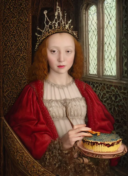 Prompt: closeup medieval jan van eyck face portrait of a fairytale princess wearing a crown eating cakes in the castle, bikini, depth of field, zeiss lens, detailed and intricate environment, fashion photoshoot by nicoletta ceccoli, mark ryden, lostfish, breathtaking, 8 k resolution, extremely detailed, beautiful, establishing shot, artistic, hyperrealistic, octane render