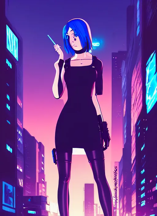 Image similar to digital illustration of cyberpunk pretty girl with blue hair, wearing a tight black dress, in city street at night, by makoto shinkai, ilya kuvshinov, lois van baarle, rossdraws, basquiat