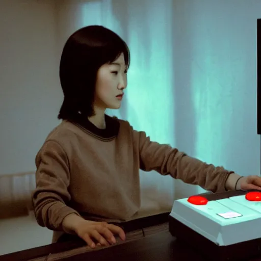 Image similar to a still of HoYeon Jung playing with a NES controller, in the movie Minority Report (2002), highly detailed and intricate, cinematic lighting, 4k HDR