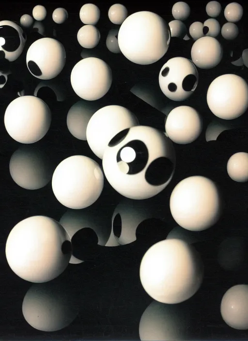 Image similar to realistic object photo of ping pong balls sculpture with molecule made of eyeballs, black cloud made of caviar, readymade, dadaism, fluxus, man ray 1 9 9 0, life magazine photo