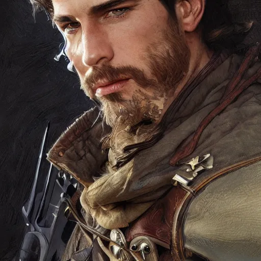 Image similar to portrait of a young, ruggedly handsome ranger, soft hair, muscular, half body, leather, fantasy, intricate, elegant, highly detailed, digital painting, artstation, concept art, smooth, sharp focus, illustration, art by artgerm and greg rutkowski and alphonse mucha