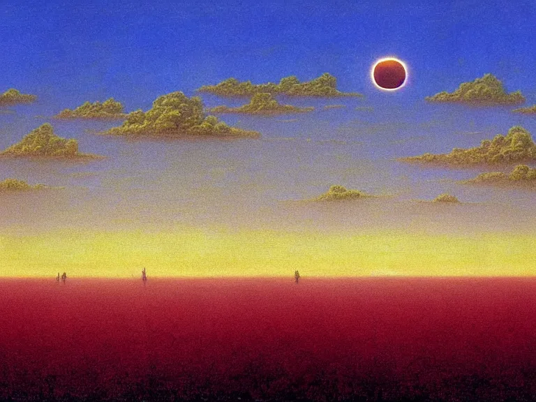 Prompt: A view of the sky from the ground. The sky shows many suns in eclipse, lined up to the horizon. Extremely high details, realistic, fantasy art, solo, masterpiece, saturated colors, colorful, art by Zdzisław Beksiński, Dariusz Zawadzki