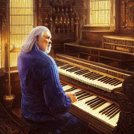 Prompt: a portrait of jon lord of deep purple playing his organ, urban motifs, intricate, elegant, highly detailed, digital painting, trending on artstation, concept art, smooth sharp focus, illustration, art by artgerm and greg rutkowski