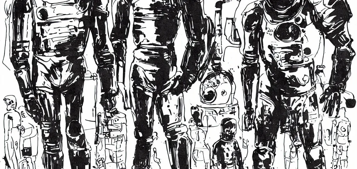 Prompt: male, full body, space suit with a modern helmet, large shoulders, short torso, long thin legs, tiny feet, character sheet, science fiction, very stylized character design, very stylized proportions, pen and ink, digital painting, watercolor wash, by mike mignola, by alex maleev, jean giraud