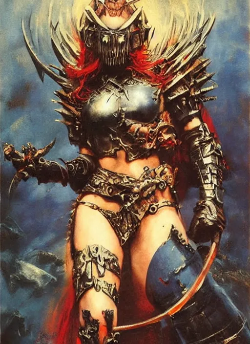 Image similar to portrait of norwegian female chaos angel, beautiful! coherent! by frank frazetta, by brom, strong line, deep color, spiked armor, iron helm, high contrast, maximalist