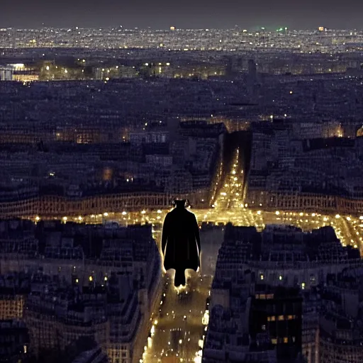 Prompt: batman on top of the eiffel overlooking paris at night, 4 k, cinematic, arri alexa, film footage