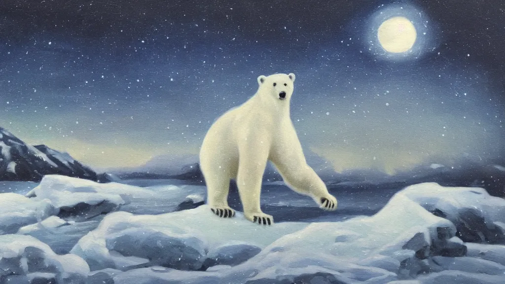 Image similar to an oil painting of a polar bear traversing a snowy landscape at night, the northern lights and the moon are visible