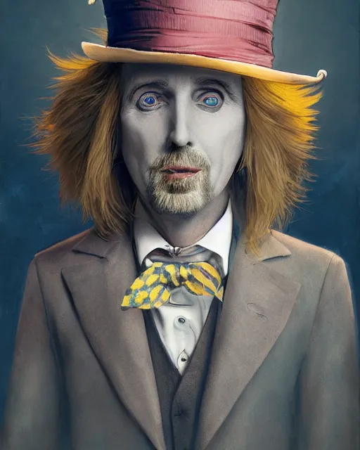 Image similar to tom petty as the mad hatter, contrast, kim jung gi, greg rutkowski, zabrocki, karlkka, jayison devadas, trending on artstation, 8 k, ultra wide angle, zenith view, pincushion lens effect