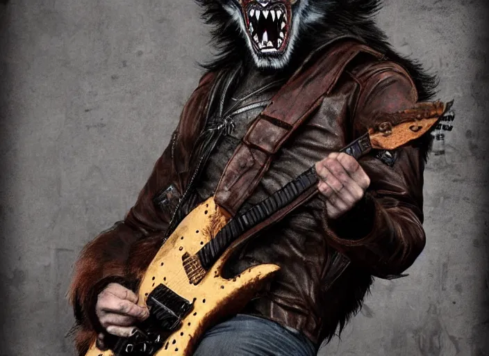 Prompt: werewolf rockstar, leather jacket, electric guitar, matte painting, artstation, high detailed, 4 k