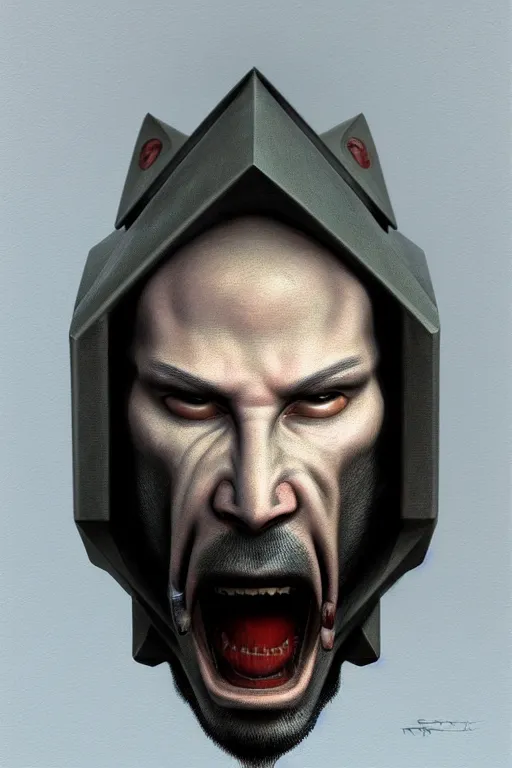 Image similar to anthropomorphic dodecahedron head in ugly shroudspine keanu reeves battle master, intricate, elegant, highly detailed face, wide angle, digital painting, artstation, concept art, sharp focus, illustration, art by artgerm, bob eggleton, stephen hickman, wayne barlowe, greg rutkowski, alphonse mucha, 8 k