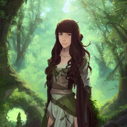 Prompt: a portrait of a young beautiful woman with long dark brown hair, green eyes, tan skin, wearing a medieval fantasy outfit, forest landscape background, fantasy, ambient lighting, 4k, anime key visual, makoto shinkai, charlie bowater, lois van baarle, ilya kuvshinov, rossdraws, artstation