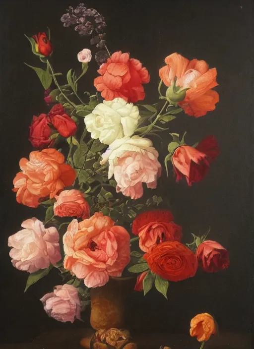 Prompt: detailed dutch still life painting of flowers and roses, sharp focus, dark background