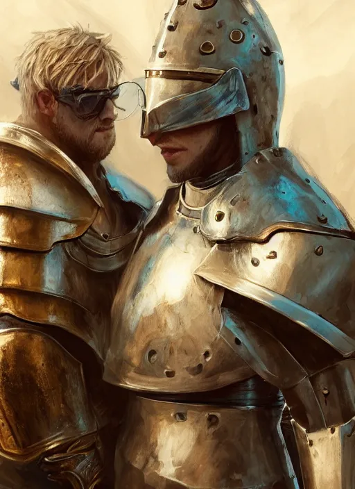 Prompt: a blond knight in armor with glasses, and his squire in rags with round glasses, shark head, fantasy, digital portrait, scifi, realistic, detailed, concept art, comics, ruan jia, wlop