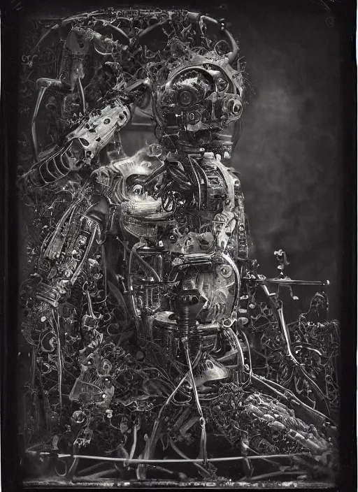 Image similar to old wetplate daguerreotype birth of a futuristic cyborg in times of eternal summoning, fractal, intricate, elegant, highly detailed, parallax, leica, medium format, subsurface scattering, by jheronimus bosch and greg rutkowski and louis jacques mande daguerre