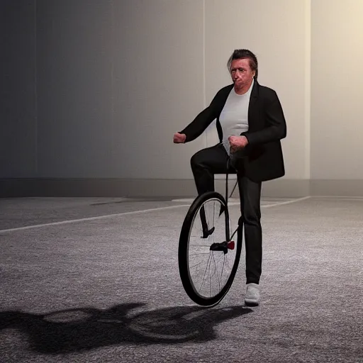 Image similar to hyperrealistic dslr film still of sean penn riding a unicycle, stunning 8 k octane comprehensive 3 d render, inspired by istvan sandorfi & greg rutkowski & unreal engine, perfect symmetry, dim volumetric cinematic lighting, extremely hyper - detailed, incredibly real lifelike attributes & flesh texture, intricate, masterpiece, artstation, stunning