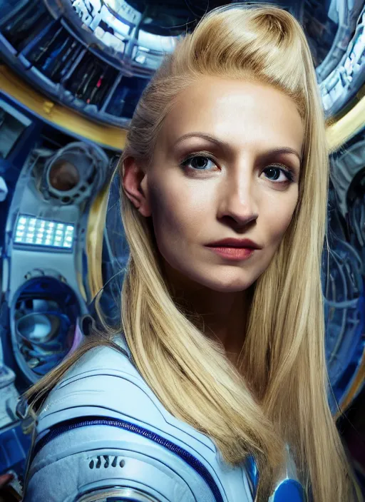 Image similar to closeup portrait of a blonde alien plejaren woman inside a spaceship wearing a space uniform, depth of field, zeiss lens, detailed, symmetrical, centered, fashion photoshoot, by annie leibovitz and steve mccurry, david lazar, jimmy nelsson, breathtaking, 8 k resolution, extremely detailed, beautiful, establishing shot, artistic, hyperrealistic, beautiful face, octane render