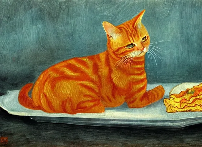 Image similar to detailed realistic realism painting of orange tabby cat eating lasagna at dusk, in the style of vincent van gogh and salvador dali and leonardo da vinci