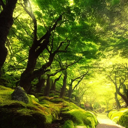 Prompt: a japanese fantasy dream forest on a sunny day
