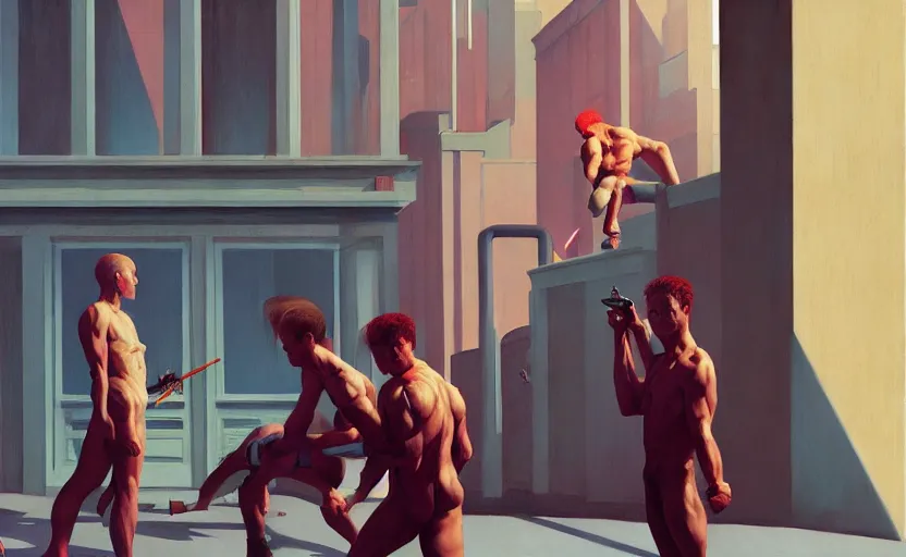 Image similar to Fight club, very coherent, painted by Edward Hopper, Wayne Barlowe, painted by James Gilleard, airbrush, art by JamesJean